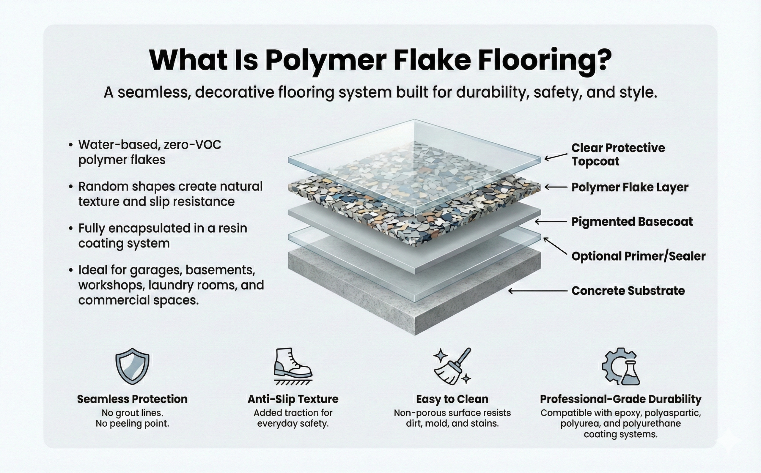 Image explaining what Polymer Flakes are and how the whole flooring system works.