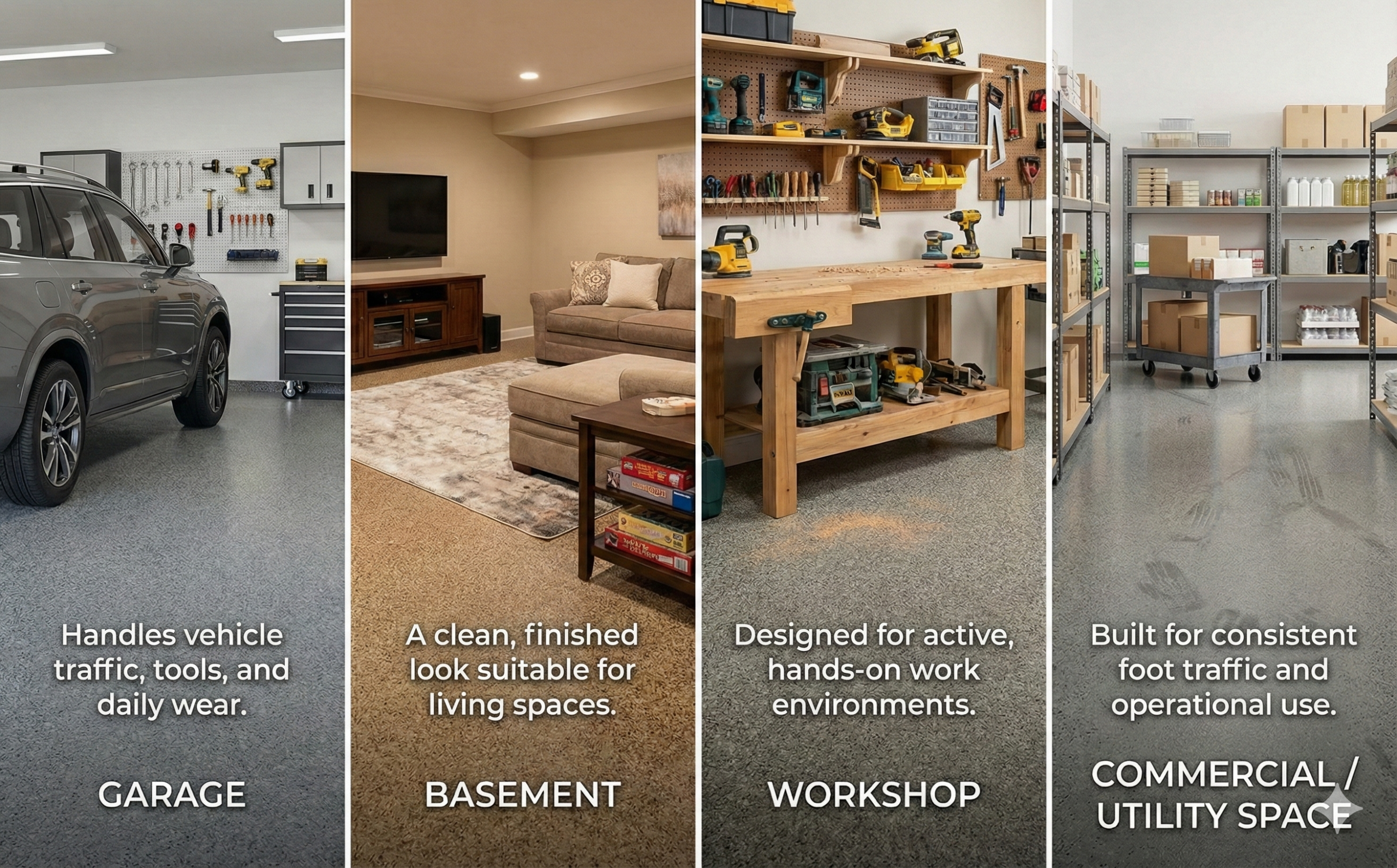 Close-up of decorative vinyl color chips showing the textured, slip-resistant finish of a flake floor.