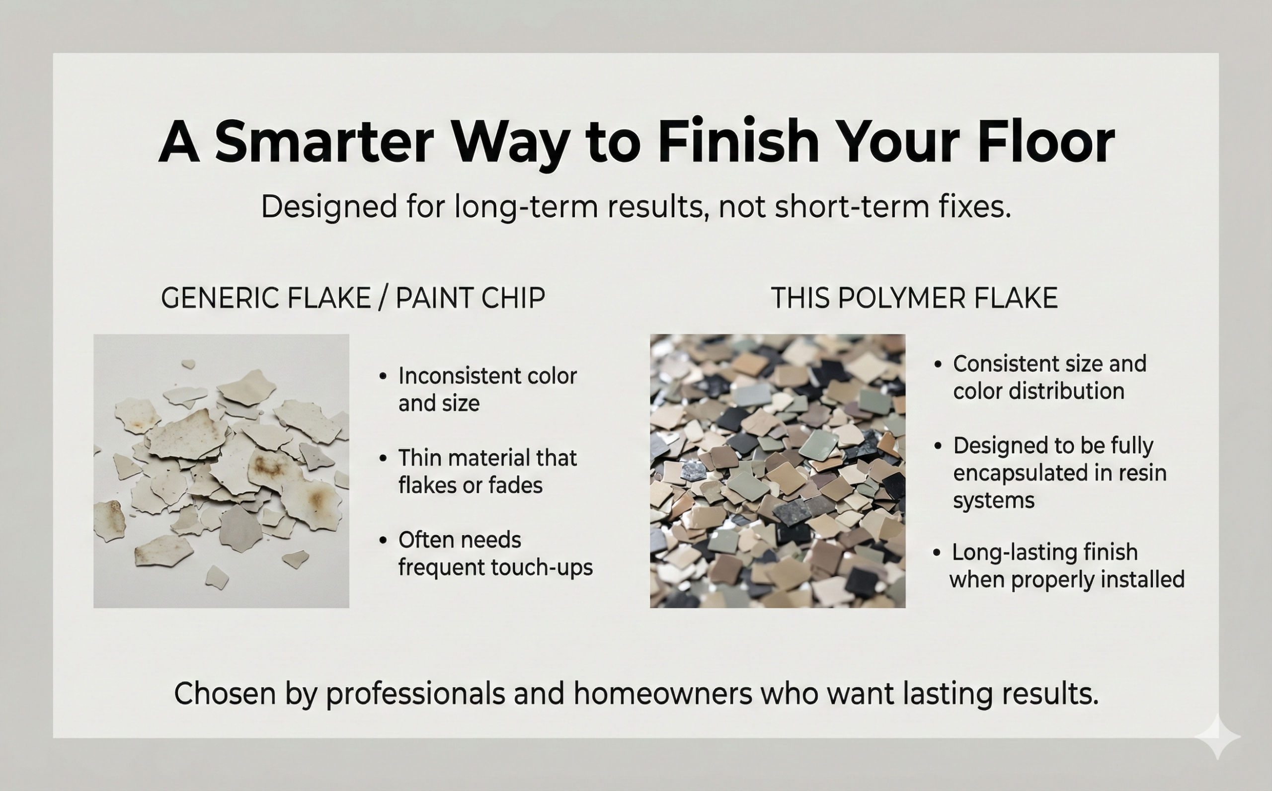 Durable vinyl color flakes for heavy-duty industrial and seamless resin-based flooring systems.