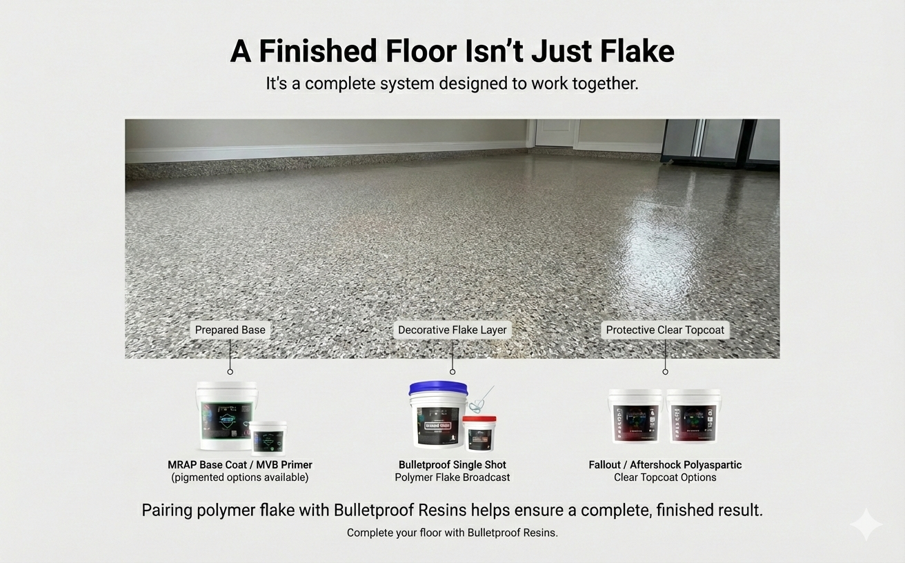 Residential garage floor with decorative vinyl chips and high-gloss resin finish.