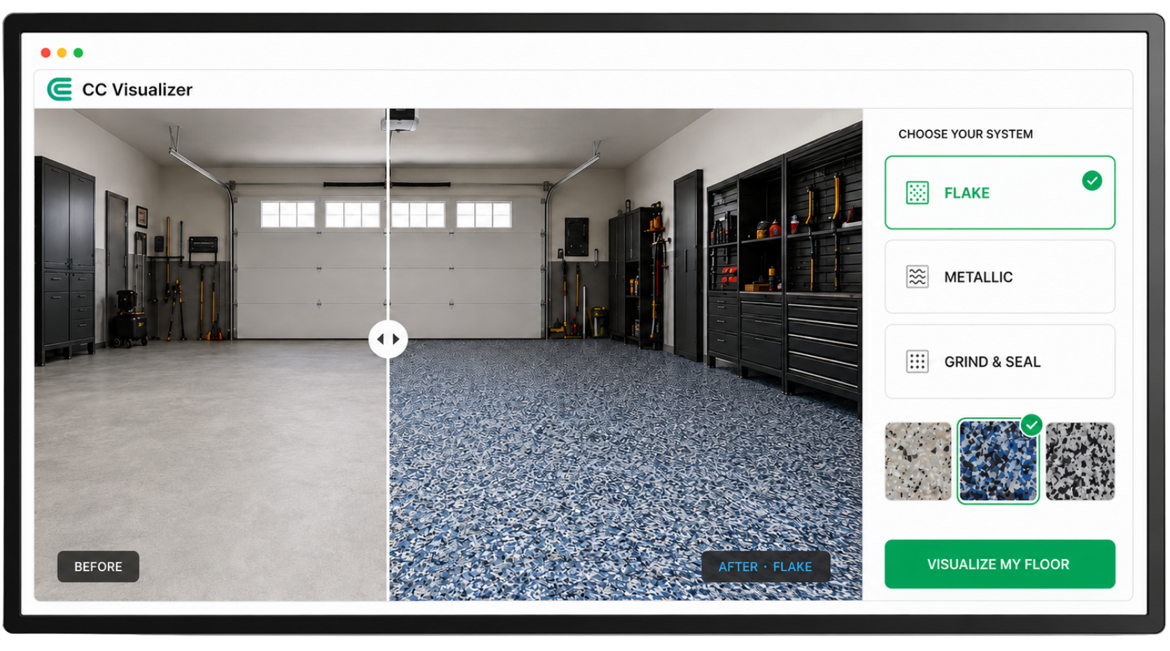 BallistiX AI Floor Visualizer showing a garage floor before and after preview