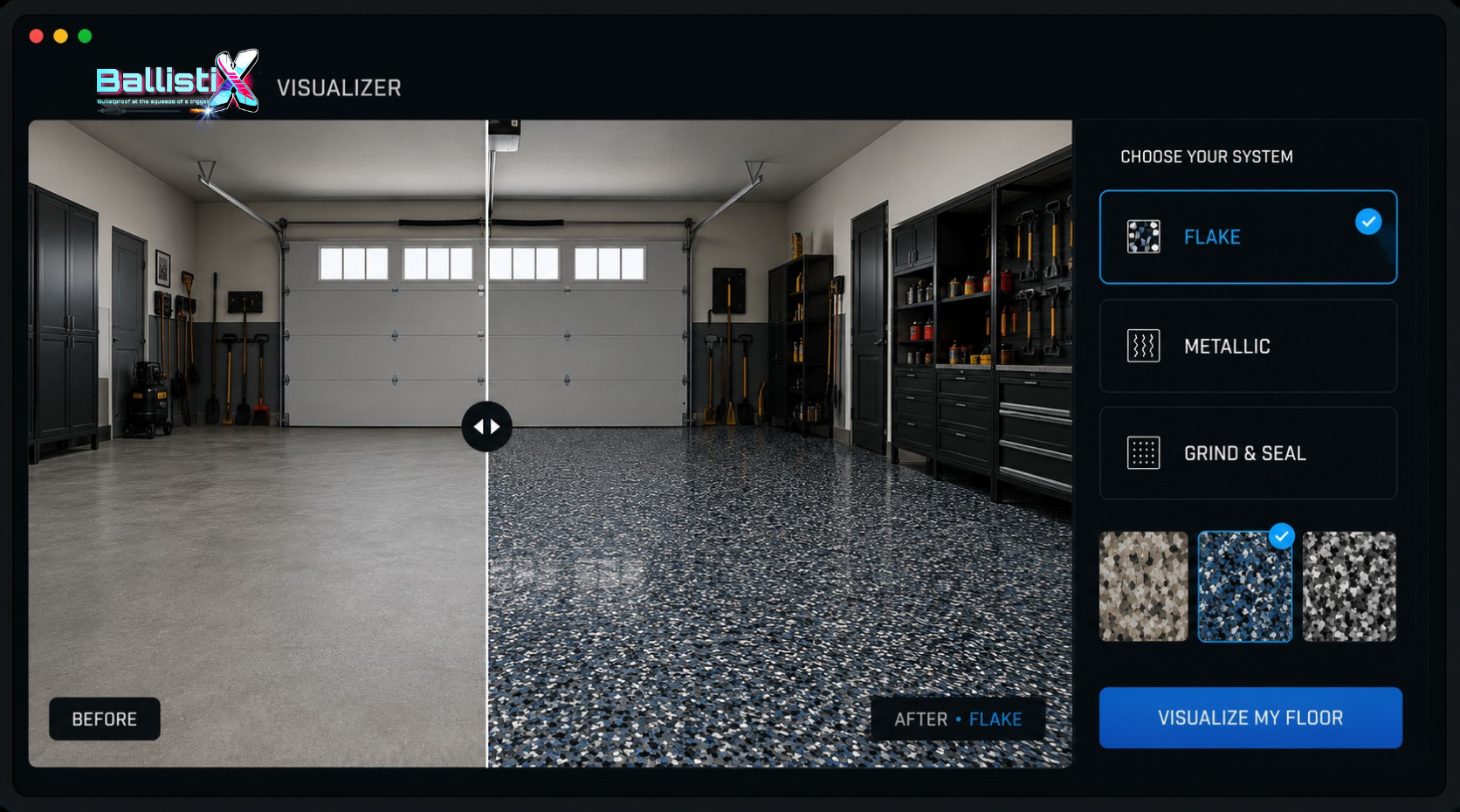 BallistiX AI Floor Visualizer showing a garage floor before and after preview