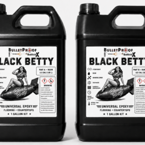 Two black one-gallon jugs of BulletProof BallistiX Black Betty Universal Epoxy. The left jug is labeled Part A Resin and the right is Part B Hardener, making up a 2-gallon kit for flooring and countertops. The product labels feature a vintage pin-up girl riding a bomb graphic.