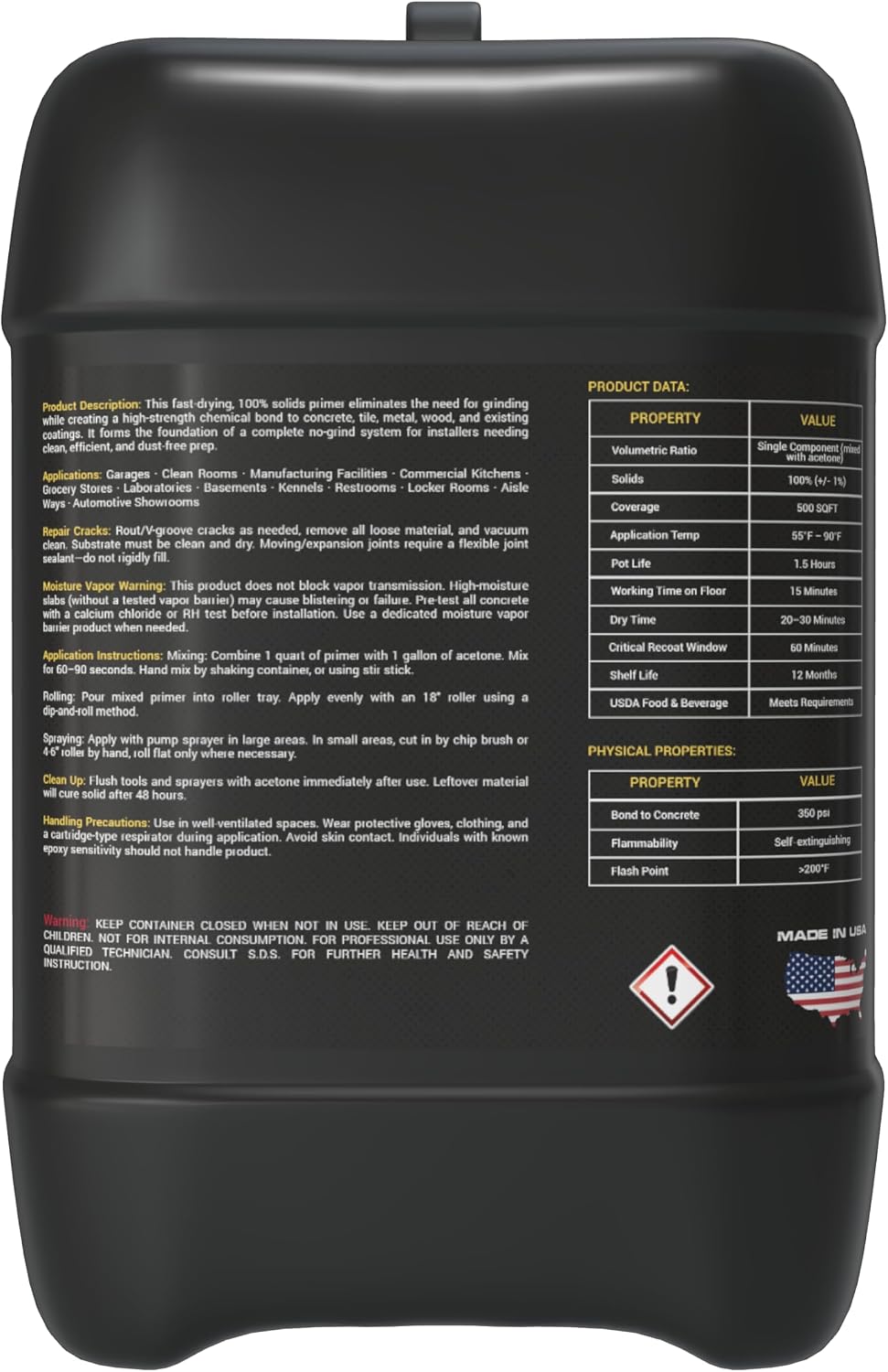 Back view of a black jug of Bulletproof LZ Grindless Primer, displaying the detailed product label. The label includes a product description, application instructions, safety warnings, and technical data tables for physical properties.