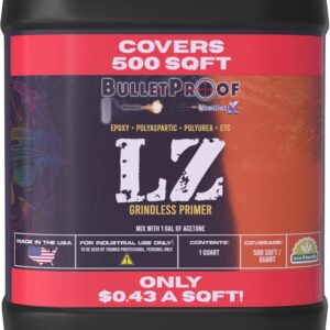 Front view of a black jug of Bulletproof BallistiX LZ Grindless Primer. The distinctive red and purple label highlights that the 1-quart contents cover 500 square feet at an estimated $0.43 per square foot. The label also notes it is for industrial use only and should be mixed with 1 gallon of acetone.