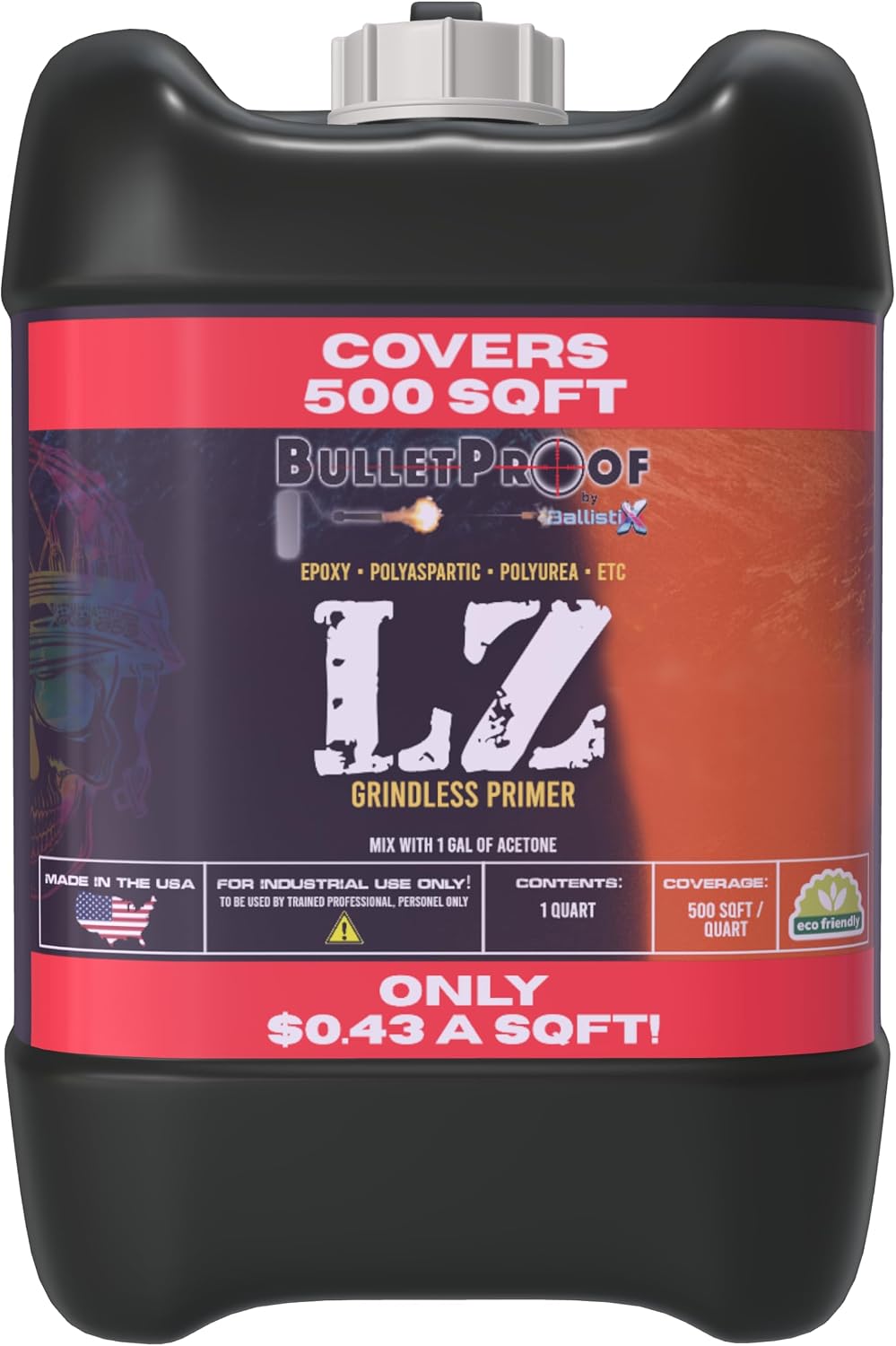 Front view of a black jug of Bulletproof BallistiX LZ Grindless Primer. The distinctive red and purple label highlights that the 1-quart contents cover 500 square feet at an estimated $0.43 per square foot. The label also notes it is for industrial use only and should be mixed with 1 gallon of acetone.